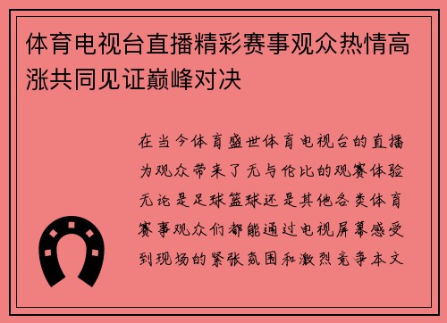 体育电视台直播精彩赛事观众热情高涨共同见证巅峰对决